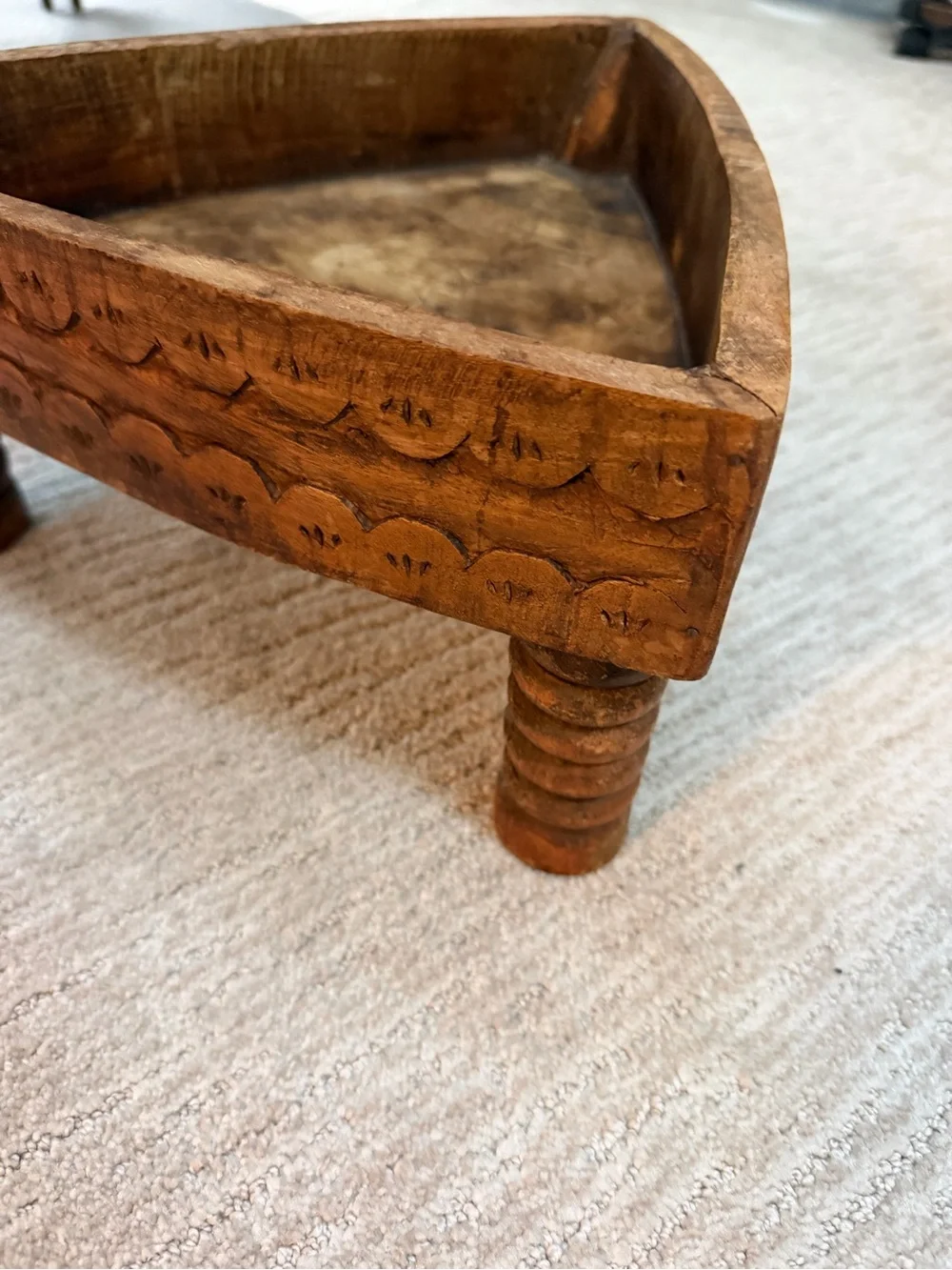 Indian Hand-Carved Wooden Triangular Chakki Table Stand